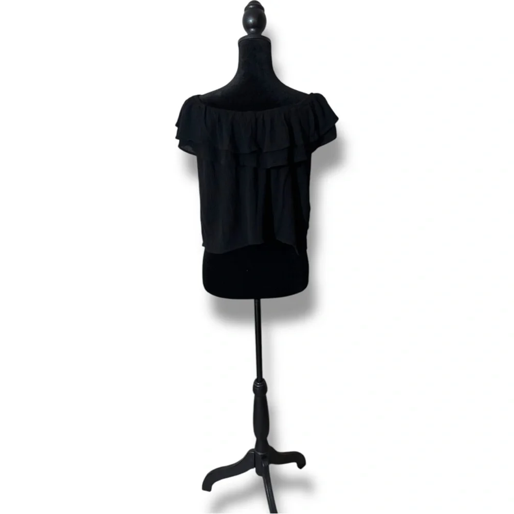One Clothing Off The Shoulder Ruffled Neck and Sleeves Black Lightweight Top - Picture 7 of 16